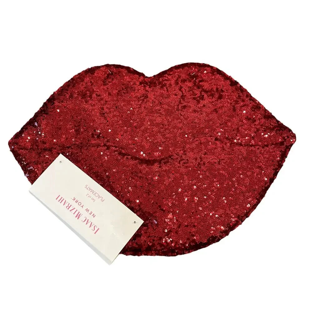 NEW Isaac Mizrahi Valentine’s Red Sequin LIPS Placemats Set Of 2
